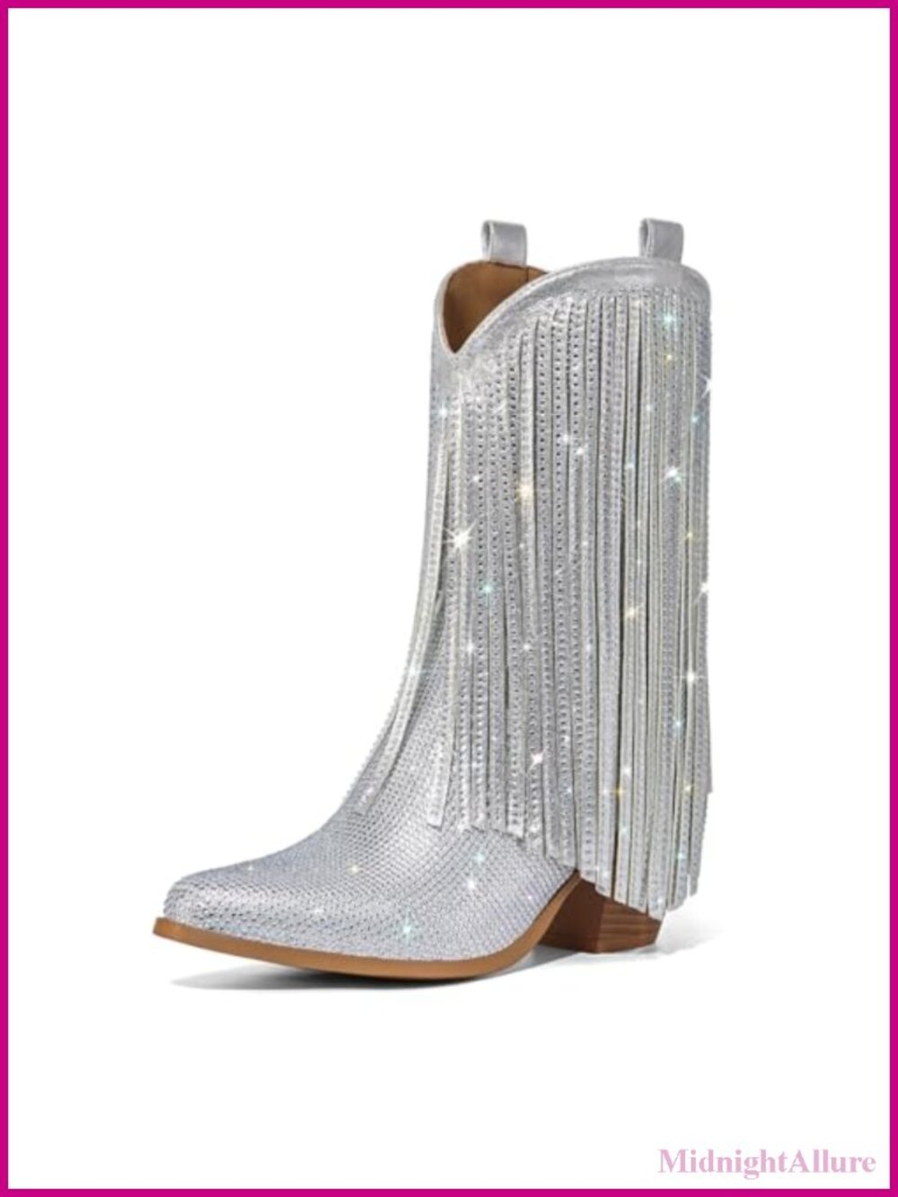 Rhinestone Fringe Cowgirl Boots Pointed Toe Chunky Heel Mid-Calf Western